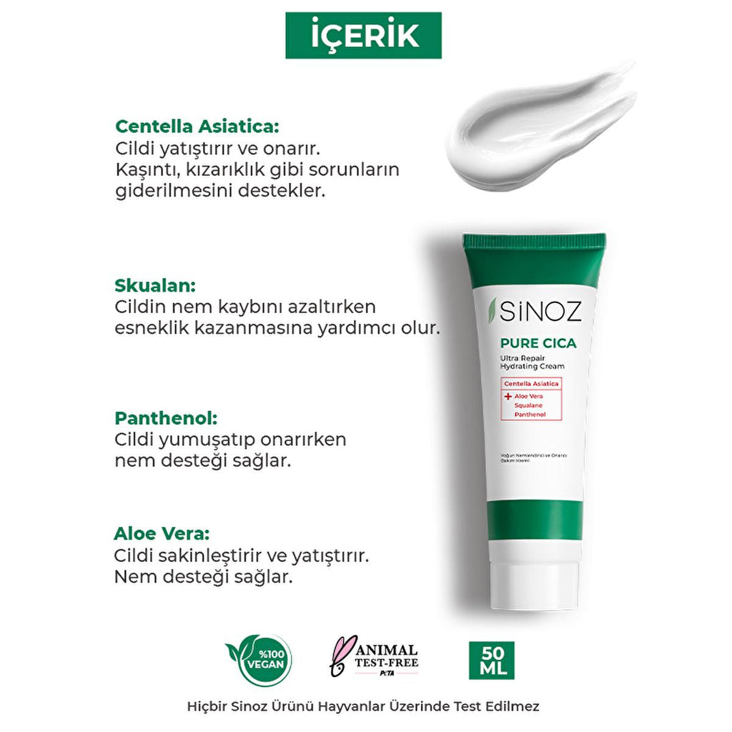 Sinoz Pure Cica Cream: Intensive Hydration & Repair - Soothing Centella Asiatica, Squalane & Aloe Vera -  Sensitive Skin Moisturizer, Post-Procedure Care