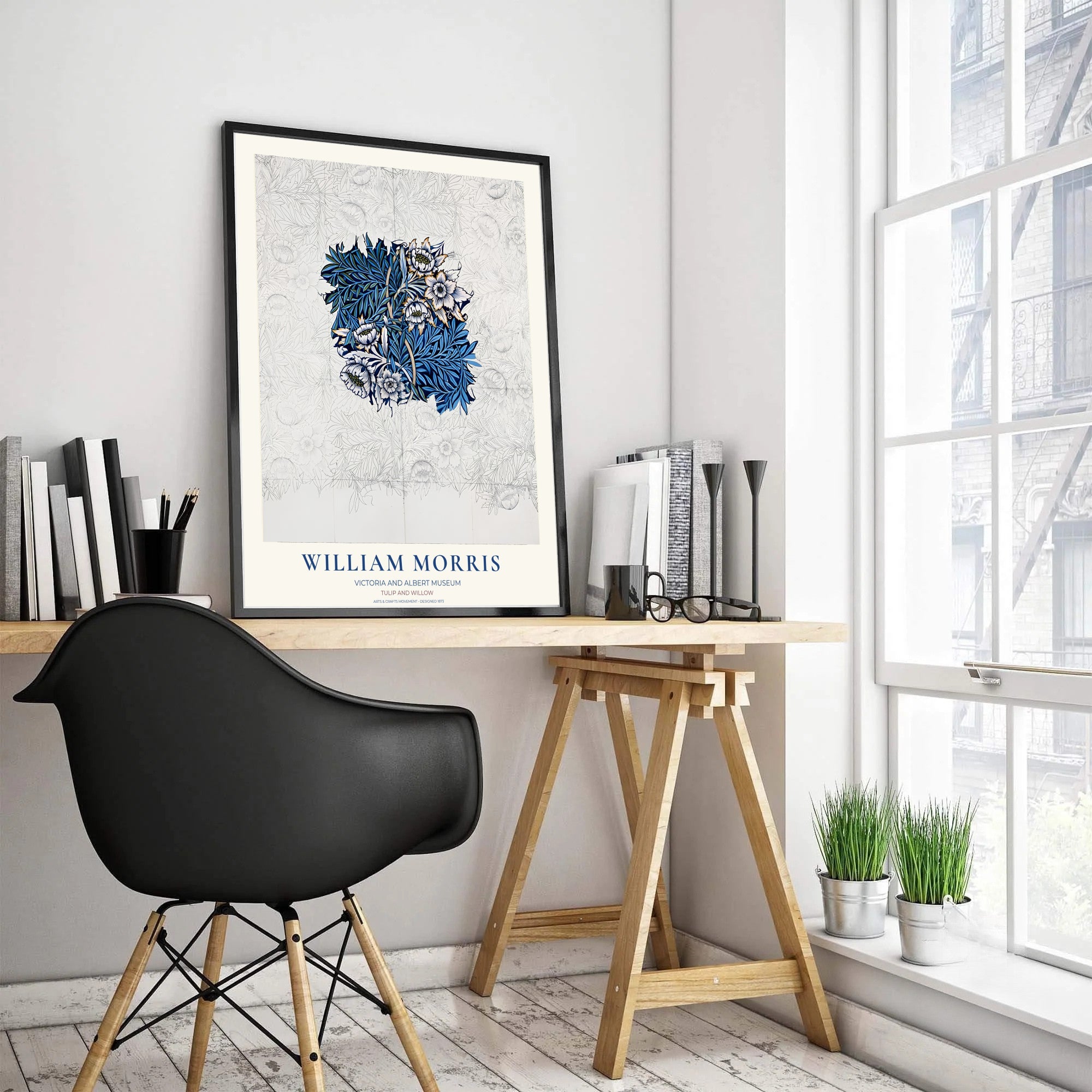 William Morris Tulip Willow Sketch Blue Exhibition Framed Vintage Wall Poster