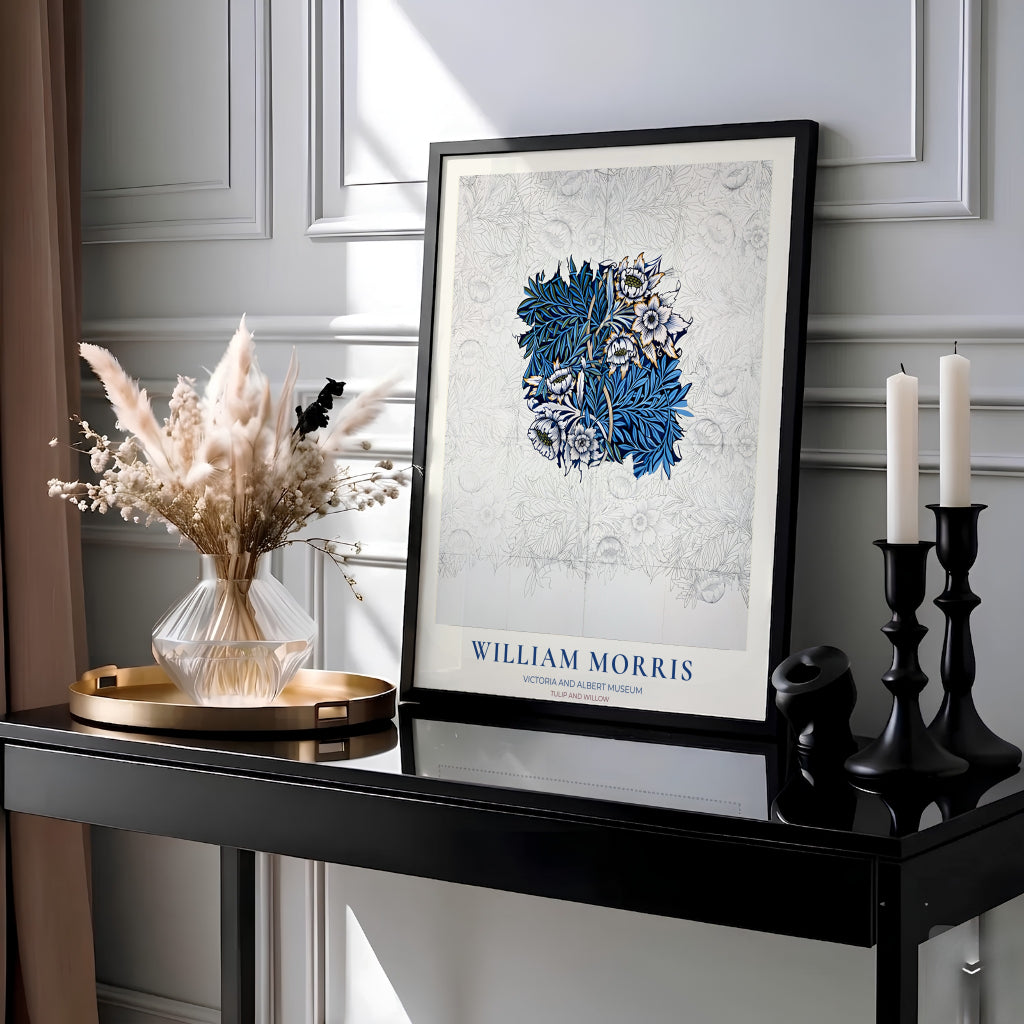 William Morris Tulip Willow Sketch Blue Exhibition Framed Vintage Wall Poster