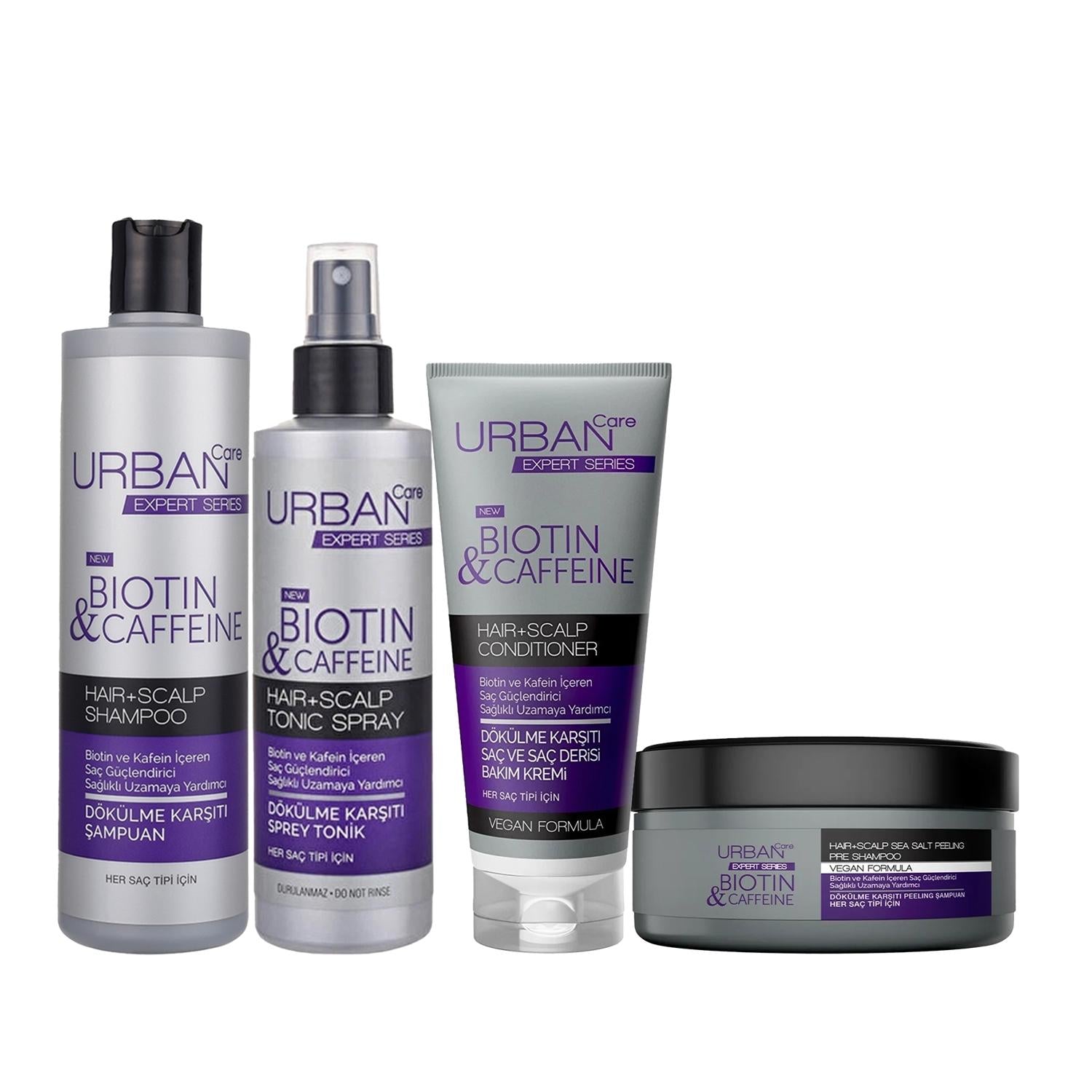 URBAN Care Expert Hair Care Product Set - Biotin & Caffeine Anti-Hair Loss Shampoo, Cream, Tonic & Clarifying Shampoo