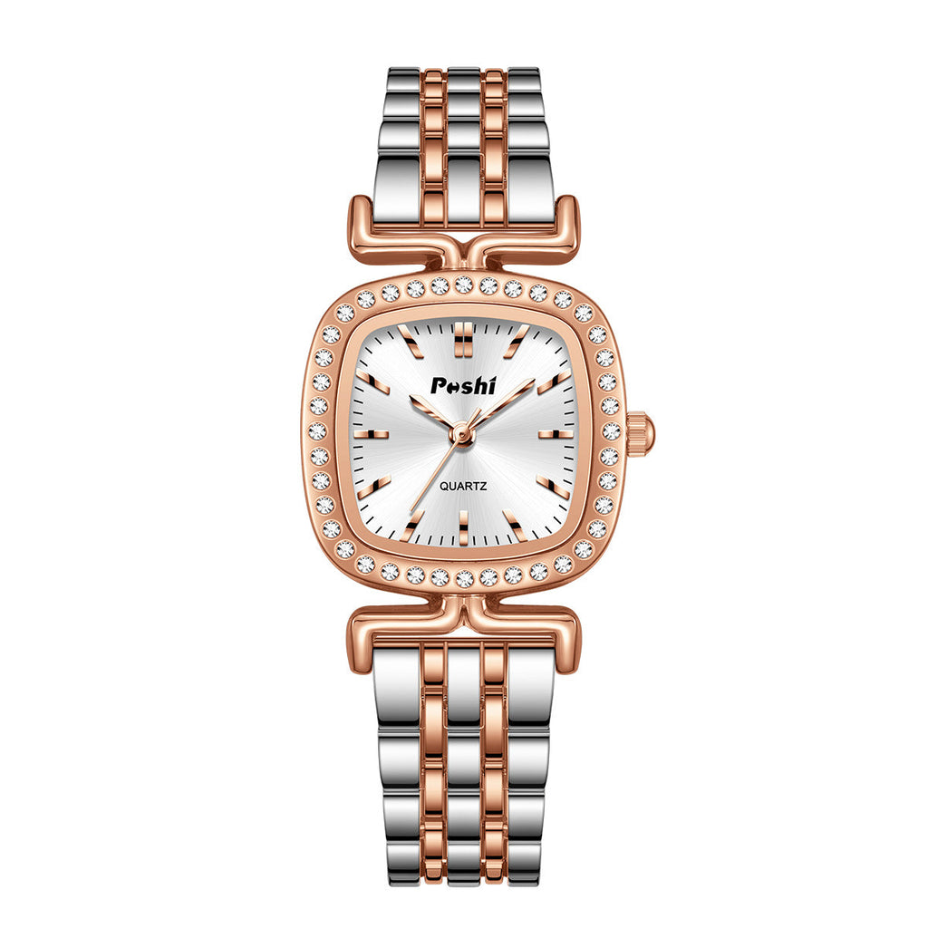 Diamond-encrusted Dial Oval-shaped Steel Bracelet Quartz Womens Watch