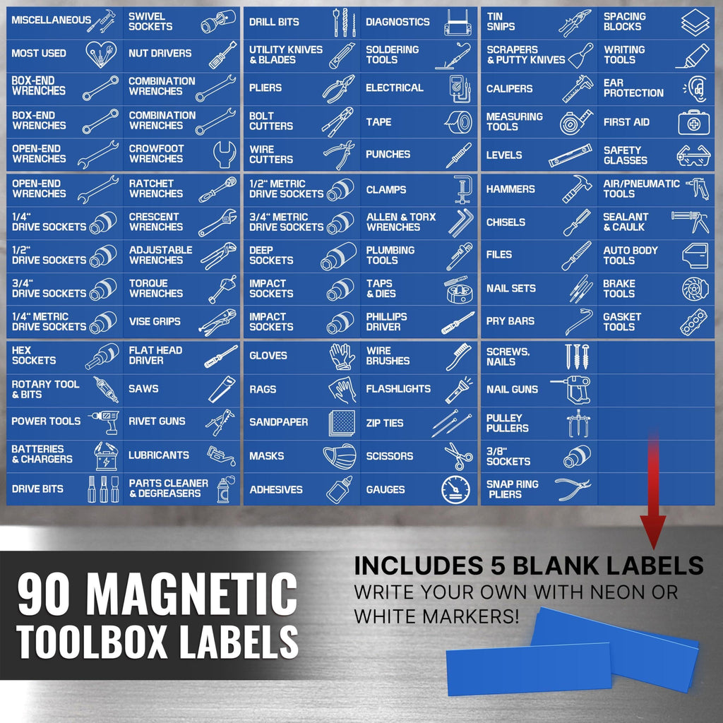 90 Pcs Magnetic Tool Box Labels 3.5x1 inch Blue Magnetic Toolbox Labels for Tool Box Drawers Strong Magnet Toolbox Organizer Chest Pre Printed & Blanked Emblems for Organization Toolbox Emblems