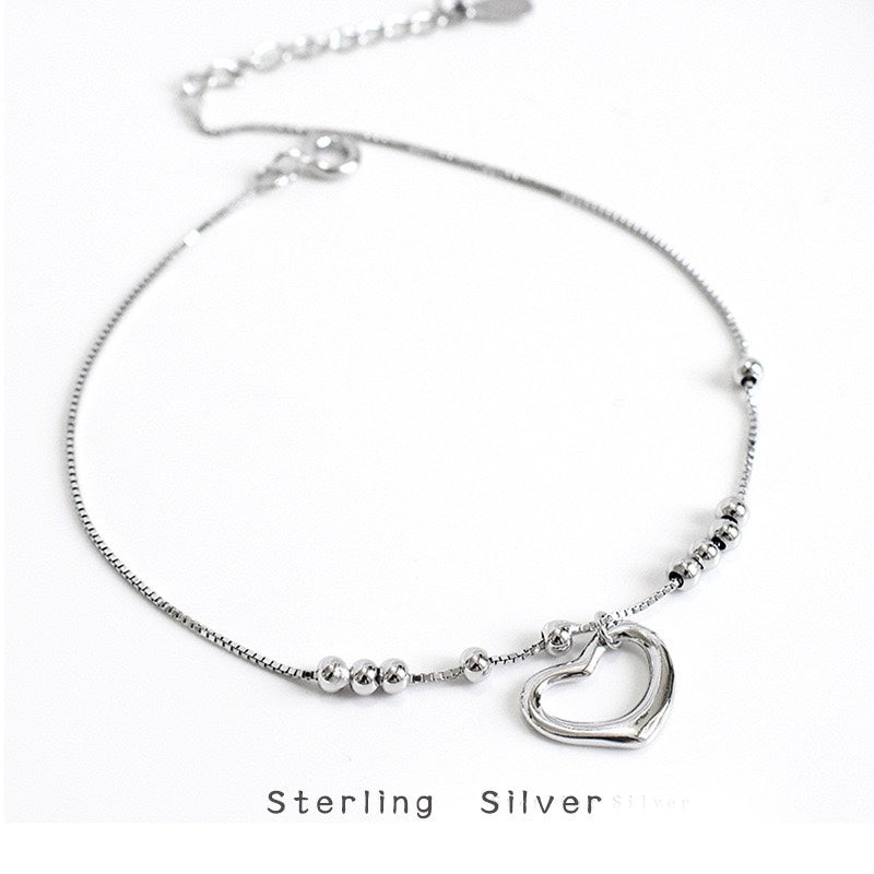 1pcs 999 Sterling Silver Box Chain Hollow Heart Beaded Adjustable Anklet, Sweet Minimalist Style, For Summer Beach Wear & Women Valentine Gifts