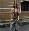 Elegant Halter-neck Backless Sequin Leopard-print V-neck Tank Top