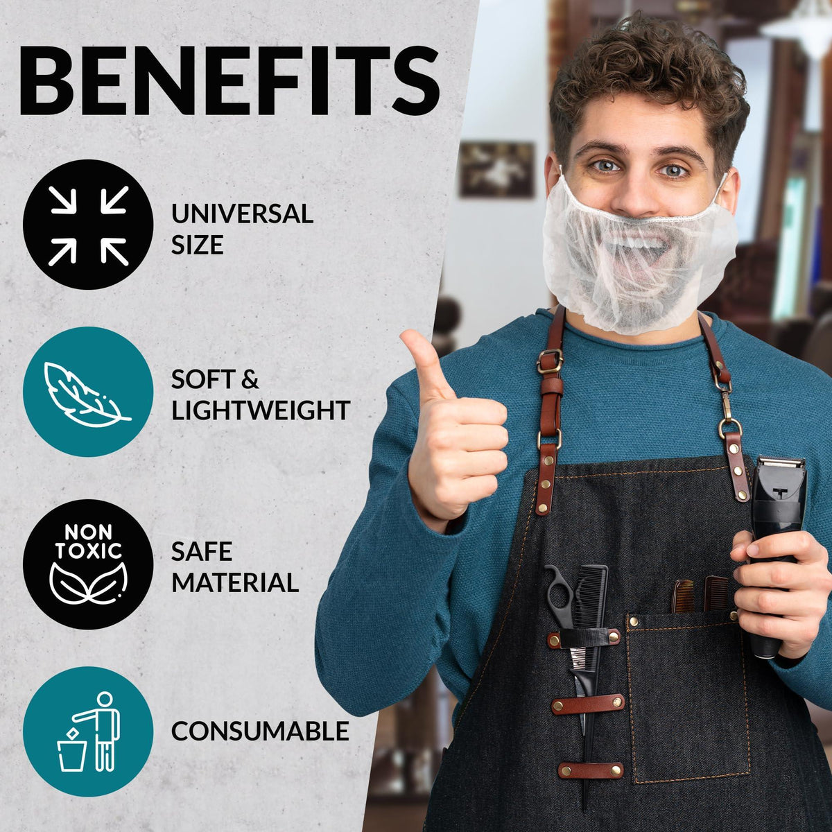 White Disposable Beard Covers for Men 18 Inch Pack of 100 Spunbond Polypropylene Beard Guards Food Service Breathable Lightweight Facial Hair Covering with Single Loop