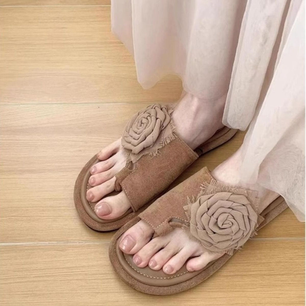 Vintage Toe Post Rose Sandal Slides For Women, Summer Flat Anti-Slip Beach Unique Trendy Ladies Slippers