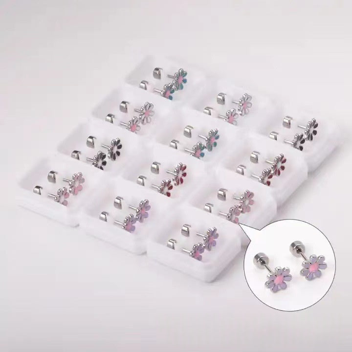 European And American-style Stainless Steel Oil-dripping Seven-petal Flower Stud Earrings