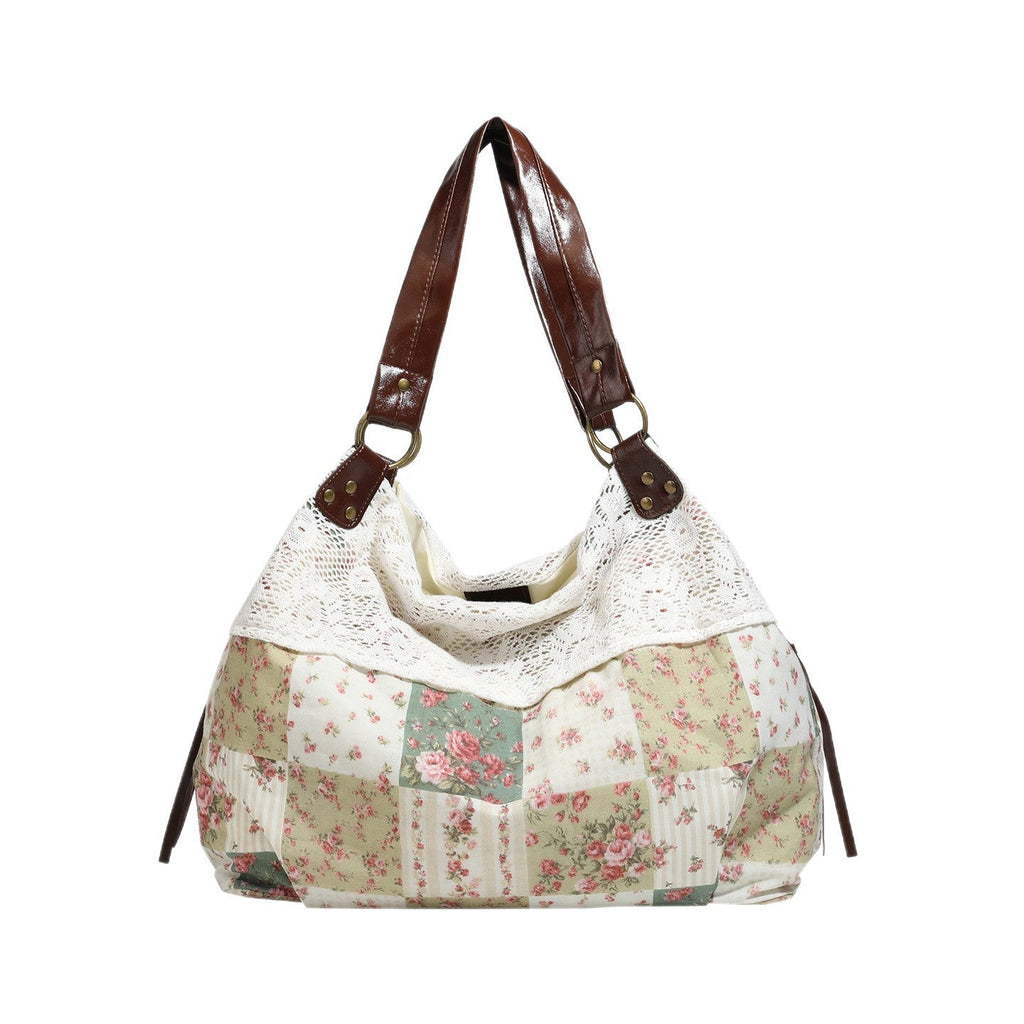 Womens Cotton Floral Patchwork Hollow-Out Shoulder Bag