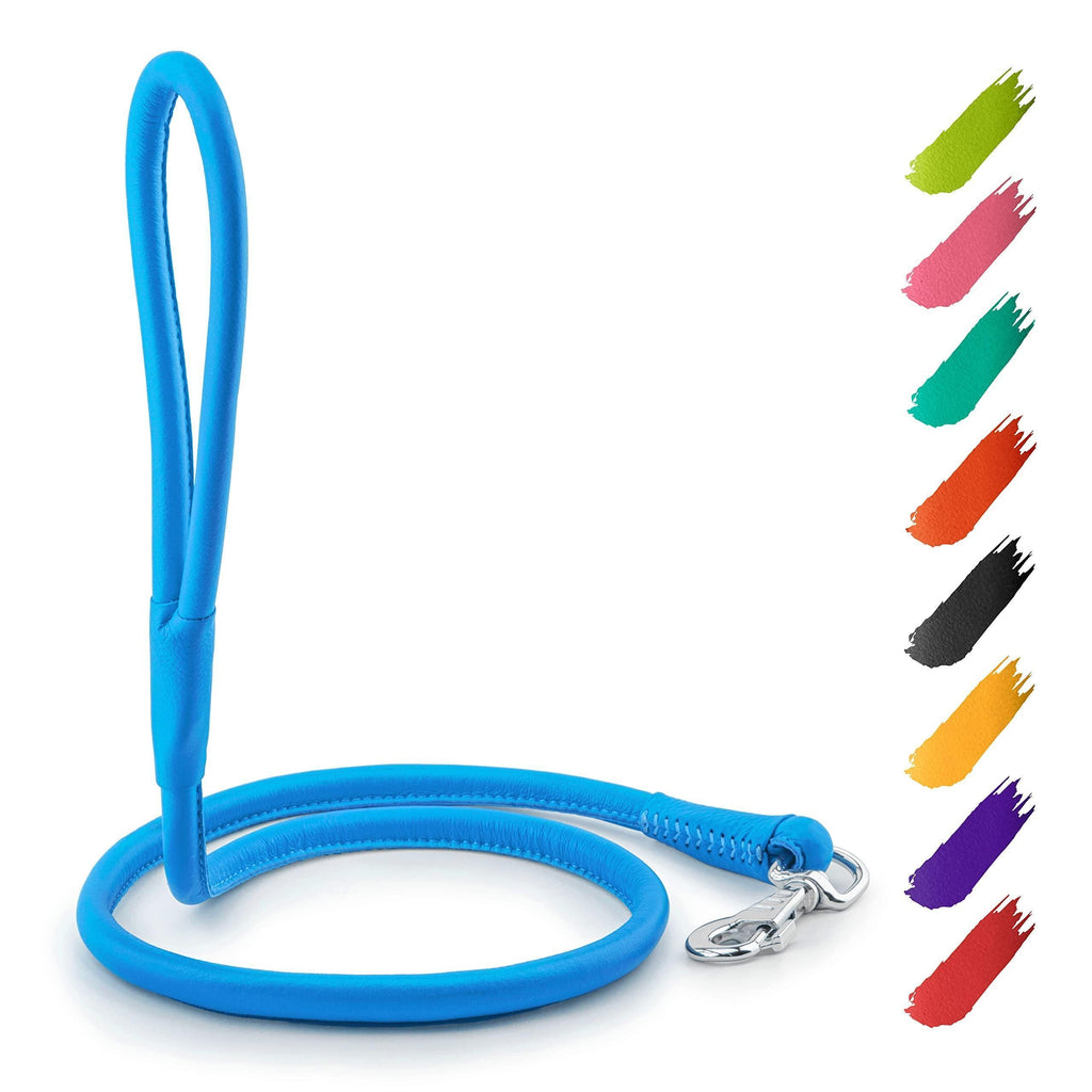 Rolled Leather Dog Leash 4 ft x 0.3 in All Sizes Blue