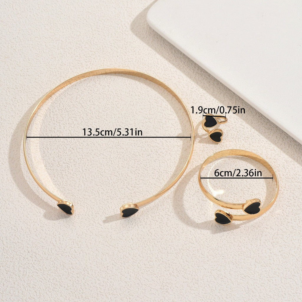 Cross-border European American Women Jewelry Set, Niche Enamel Geometric Heart Design Necklace, Bangle & Open Ring Premium Accessories