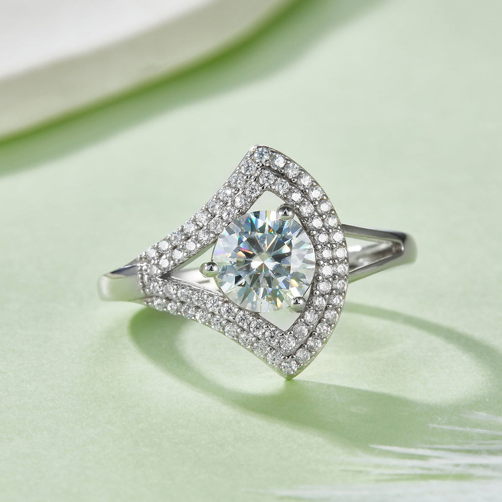 S925 Sterling Silver 1ct Moissanite Ring, D-VVS1 Round Cut Geometric V-Halo, Platinum Plated 3g US 5-9 GRA Gift Box