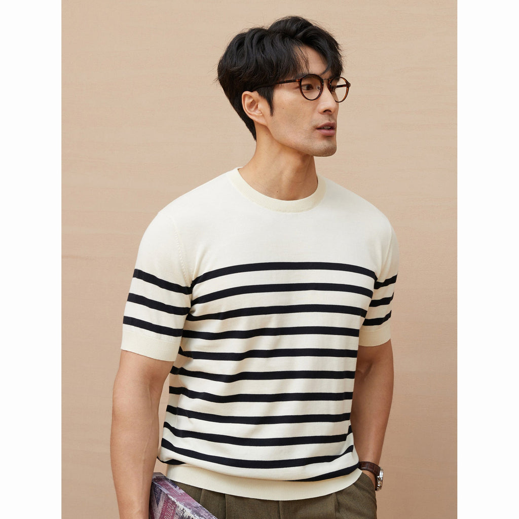 Summer New Short-sleeved Knitted Sweater Men's Striped Light Luxury Business Casual