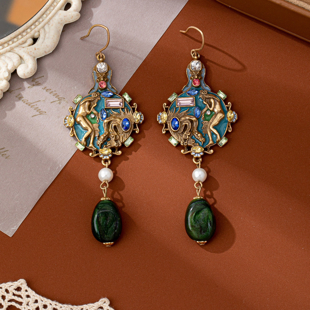 Portrait-pattern Pearl Enamel Gemstone Earrings