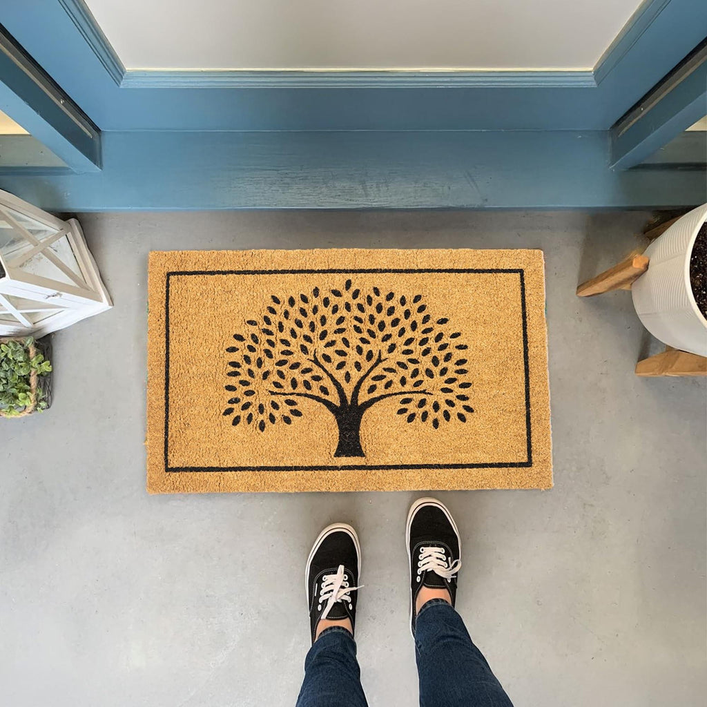 Coco Coir Door Mat Welcome Mat with Tree Print Beige 30x17x0.6