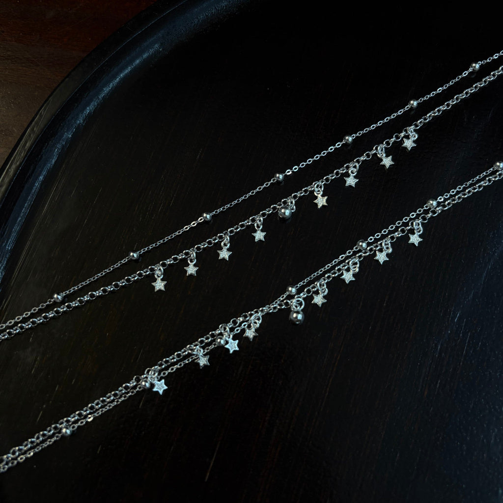 1pc 999 Sterling Silver Double-Layer Star & Bead Anklet, Delicate Luxurious Style, Perfect For Daily Wear & Valentine's Gifts