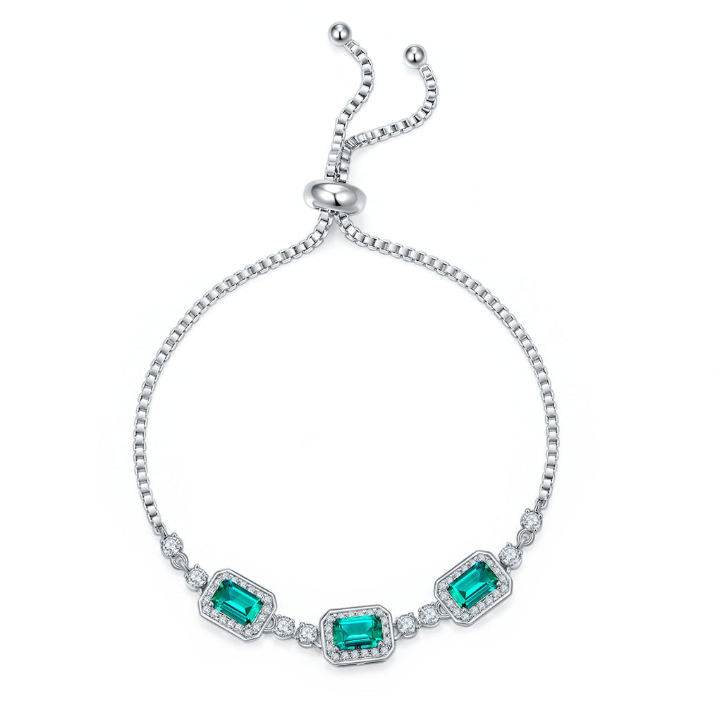 S925 Sterling Silver Adjustable Bolo Bracelet, 6x4mm 3-Stone Lab-Grown Emerald Sapphire Halo, 21cm Platinum Plated 6.2g Women's Jewelry Gift Box
