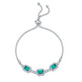 S925 Sterling Silver Adjustable Bolo Bracelet, 6x4mm 3-Stone Lab-Grown Emerald Sapphire Halo, 21cm Platinum Plated 6.2g Women's Jewelry Gift Box