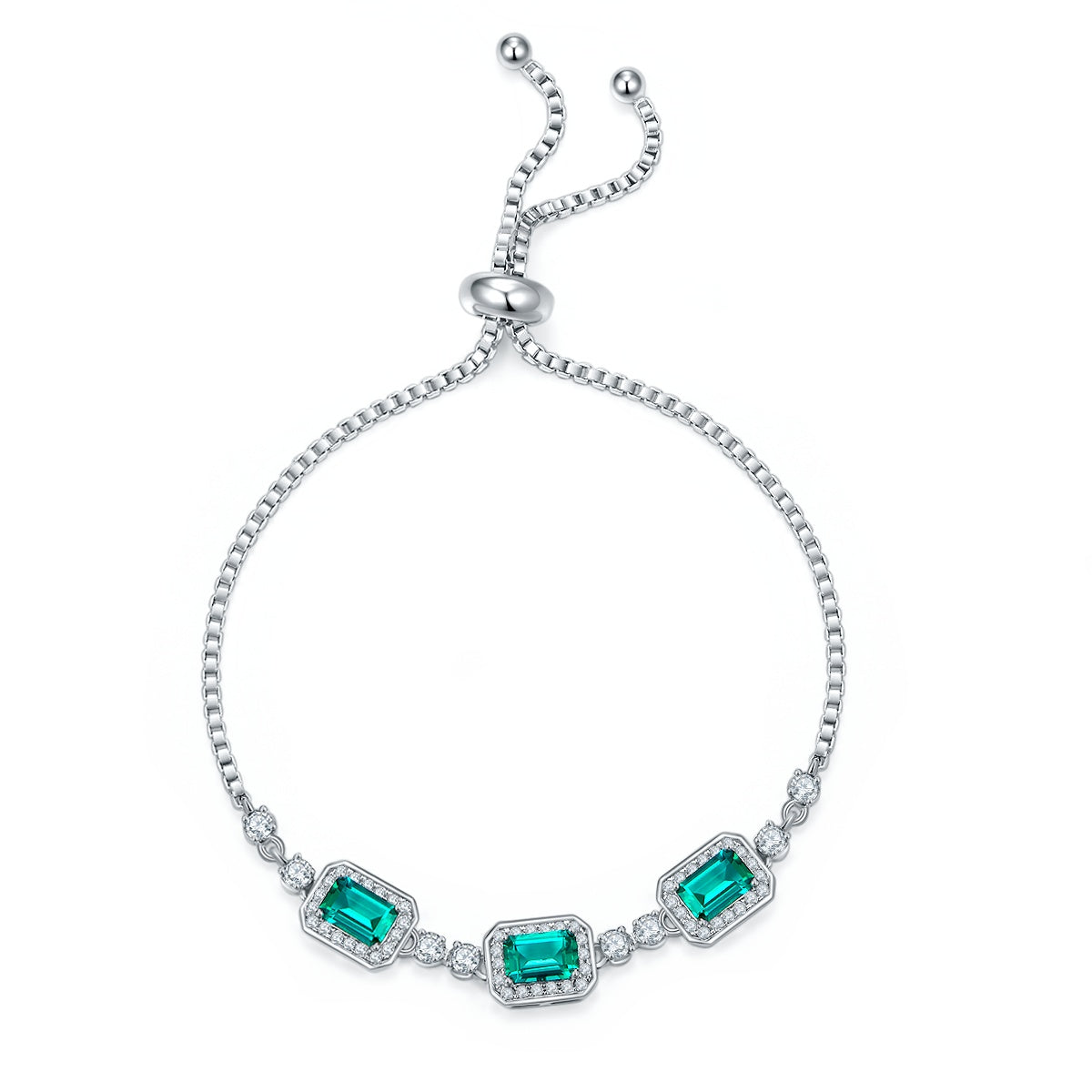 S925 Sterling Silver Adjustable Bolo Bracelet, 6x4mm 3-Stone Lab-Grown Emerald Sapphire Halo, 21cm Platinum Plated 6.2g Women's Jewelry Gift Box