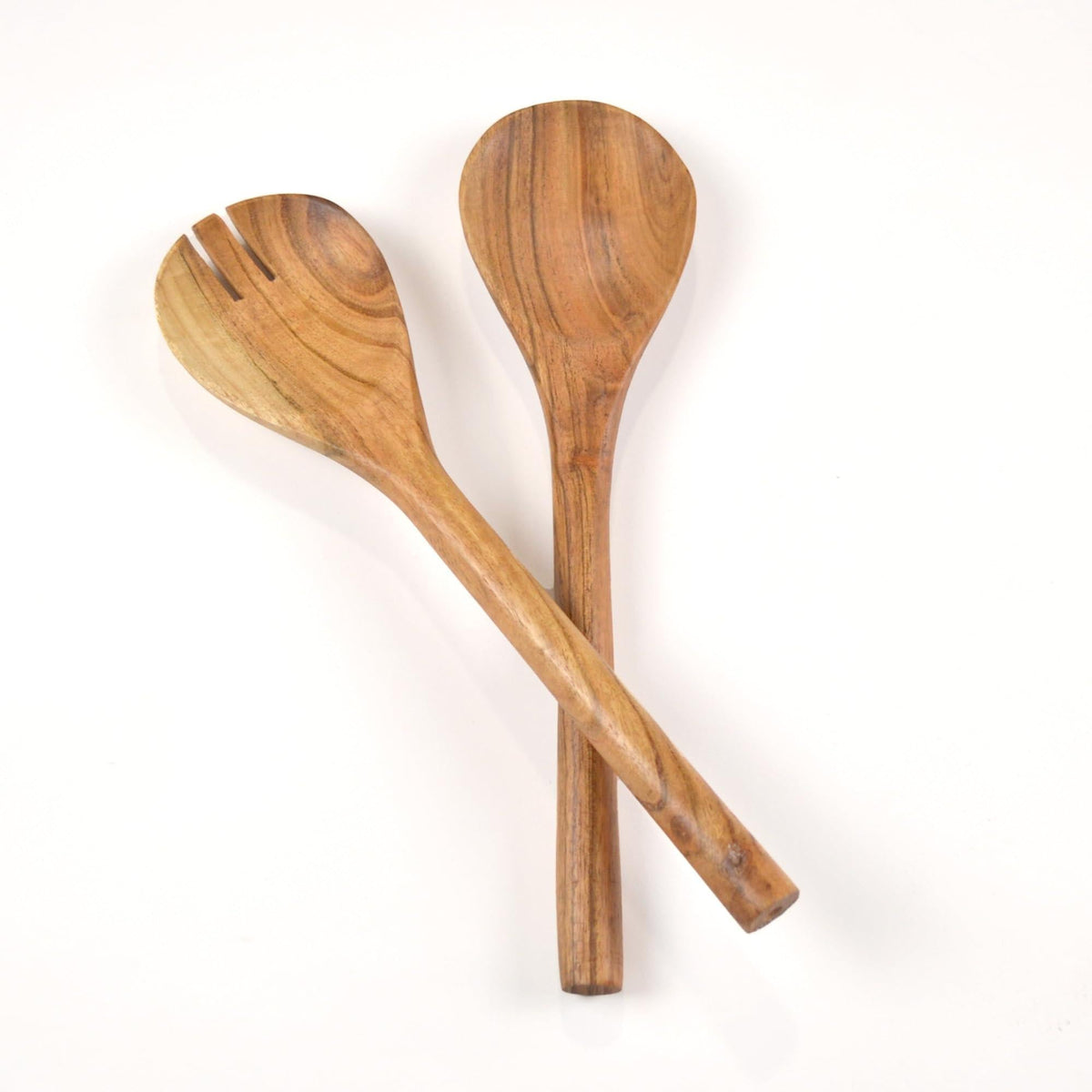 The Fine Living Co. Acacia Salad Servers 11 Inches Wooden Spoon Handcrafted Kitchen Utensils for Mixing Tossing Cooking (2 Piece Set Natural)