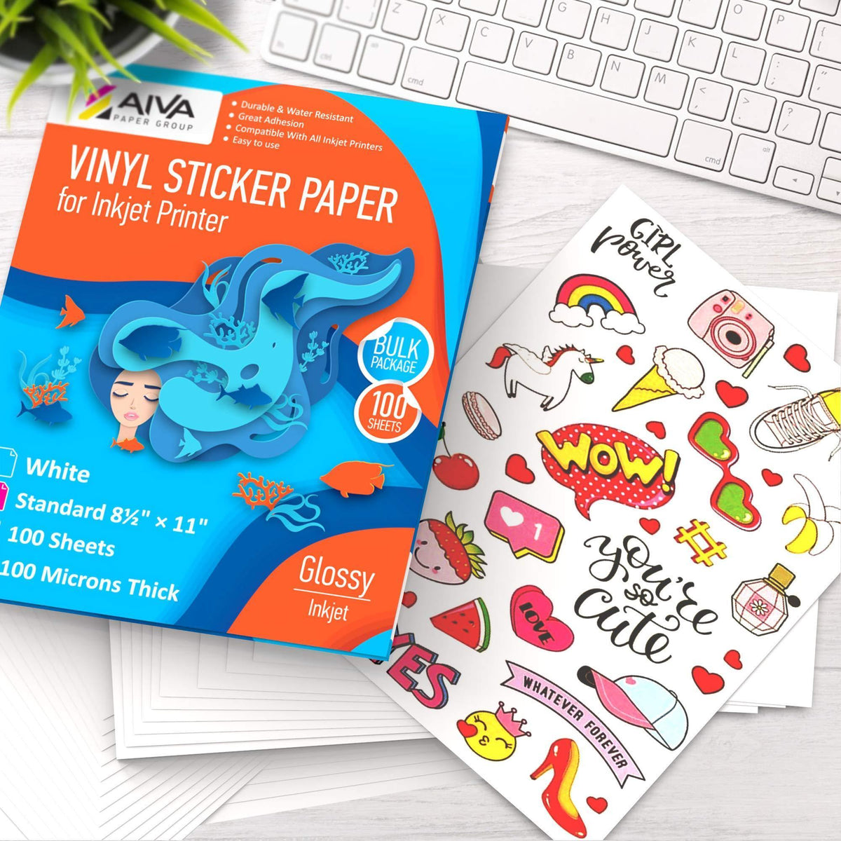 Printable Vinyl Sticker Paper   Waterproof Decal Paper for Inkjet Printer   30 Self Adhesive Sheets   Glossy White   Standard Letter Size 8.5 x11