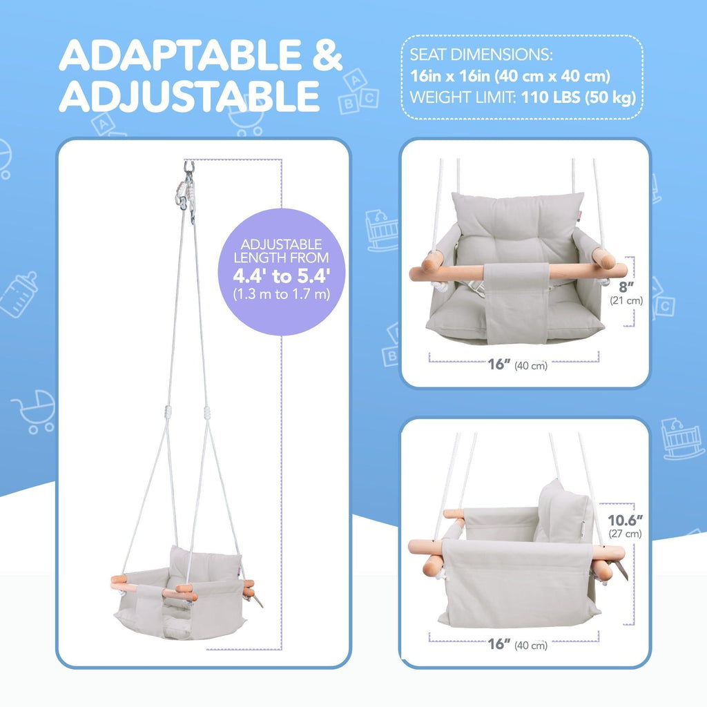 Grey Canvas Baby Swing Wooden Hanging Swing Seat Chair with Safety Belt Durable Baby Swing Chair Outdoor and Indoor Swing for Kids Mounting Hardware Included Gray