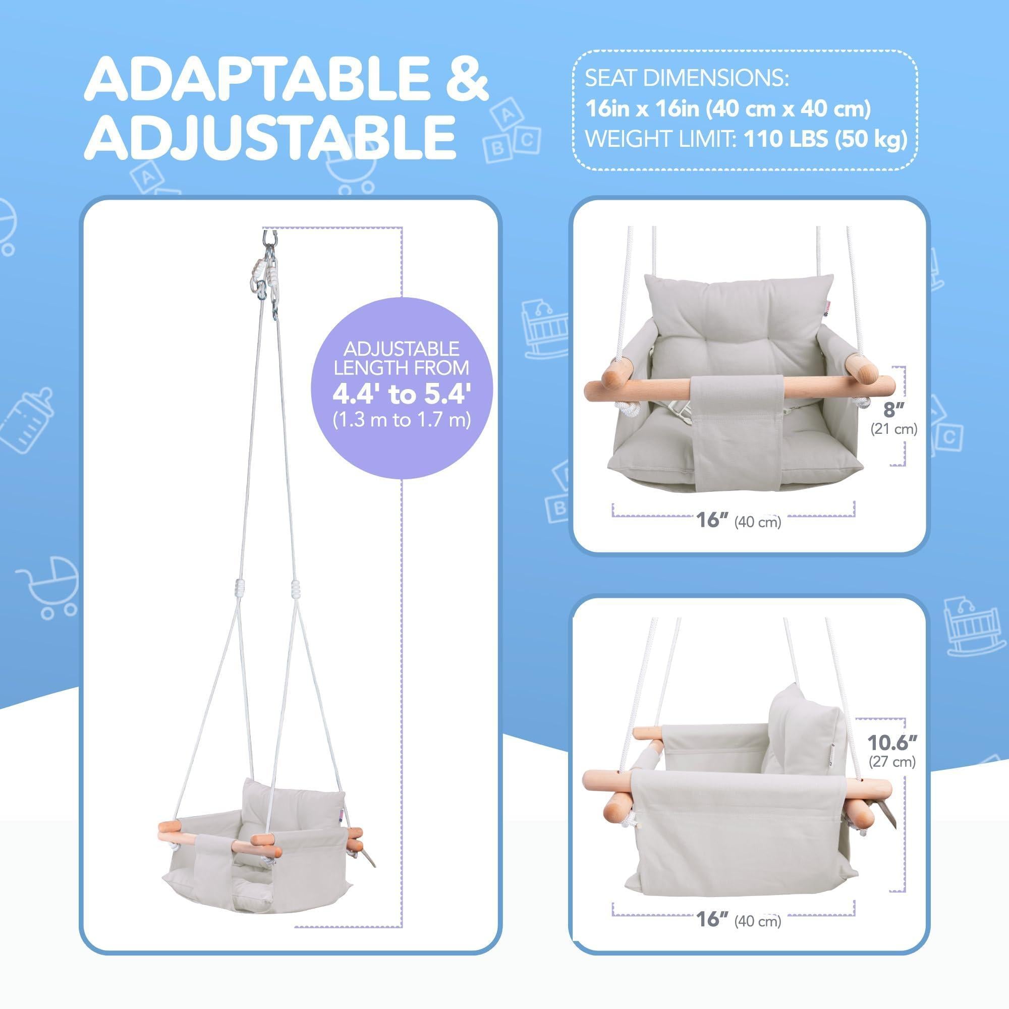 Grey Canvas Baby Swing Wooden Hanging Swing Seat Chair with Safety Belt Durable Baby Swing Chair Outdoor and Indoor Swing for Kids Mounting Hardware Included Gray