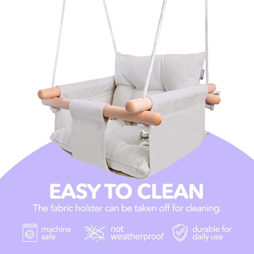 Grey Canvas Baby Swing Wooden Hanging Swing Seat Chair with Safety Belt Durable Baby Swing Chair Outdoor and Indoor Swing for Kids Mounting Hardware Included Gray