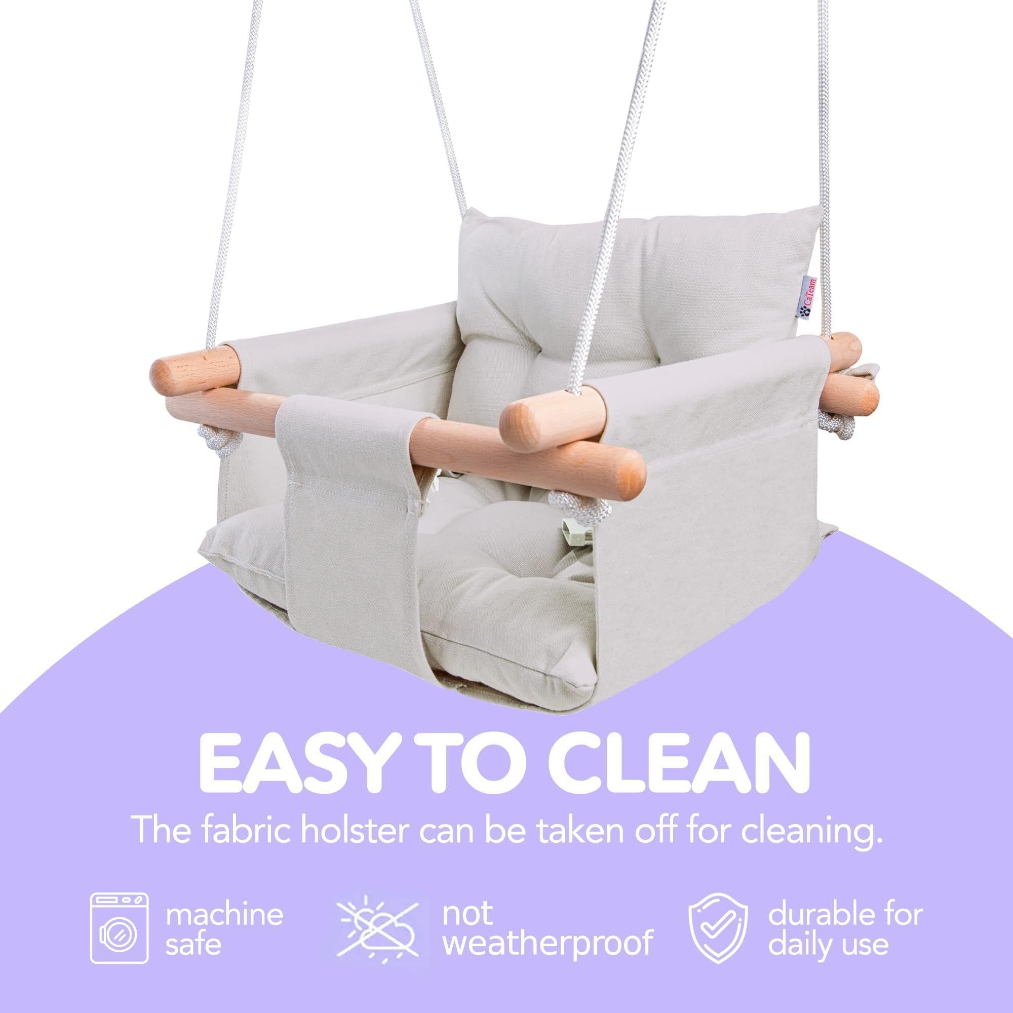 Grey Canvas Baby Swing Wooden Hanging Swing Seat Chair with Safety Belt Durable Baby Swing Chair Outdoor and Indoor Swing for Kids Mounting Hardware Included Gray