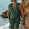 SpringSummer Mens Sleeveless Vest And Drawstring Shorts Set For Beach Outdoor Wear