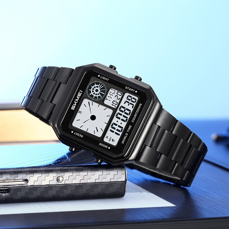 Square Steel-band Golden Waterproof Alarm Clock With A Luminous Digital Display