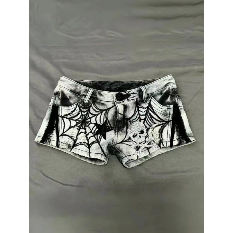 Womens American-style Spiderweb Print Diamond Skull And Star Denim Shorts
