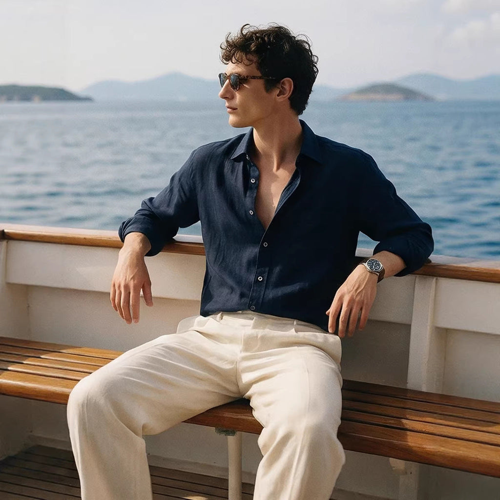 Mens Linen Long-sleeve Casual Breathable Shirt
