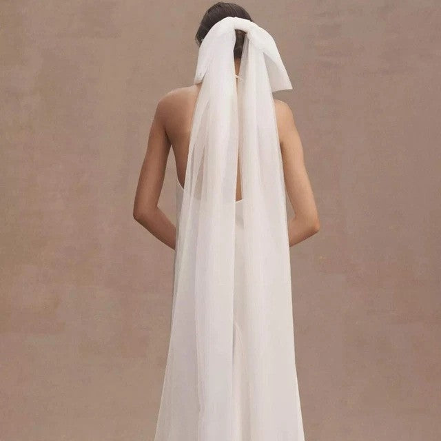 New Minimalist White Double-layer Tulle Bridal Veil With A Bow