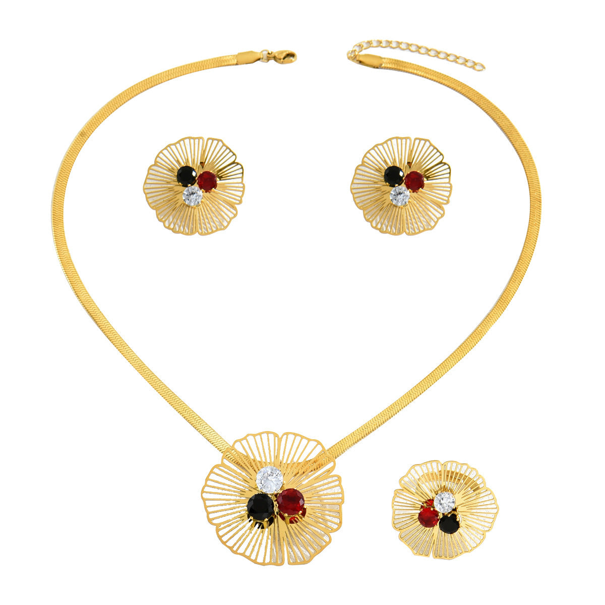 Light Luxury European American Jewelry Set, Floral Niche Design Inlaid Cubic Zirconia, Includes Earrings, Long Pendant Necklace And Matching Ring For Women