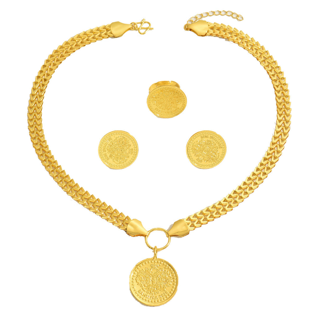 Fashion OL Tree Of Life Round Pendant Jewelry Set, Matching Necklace Earrings With Electroplated 18K Versatile Ring Women Accessories