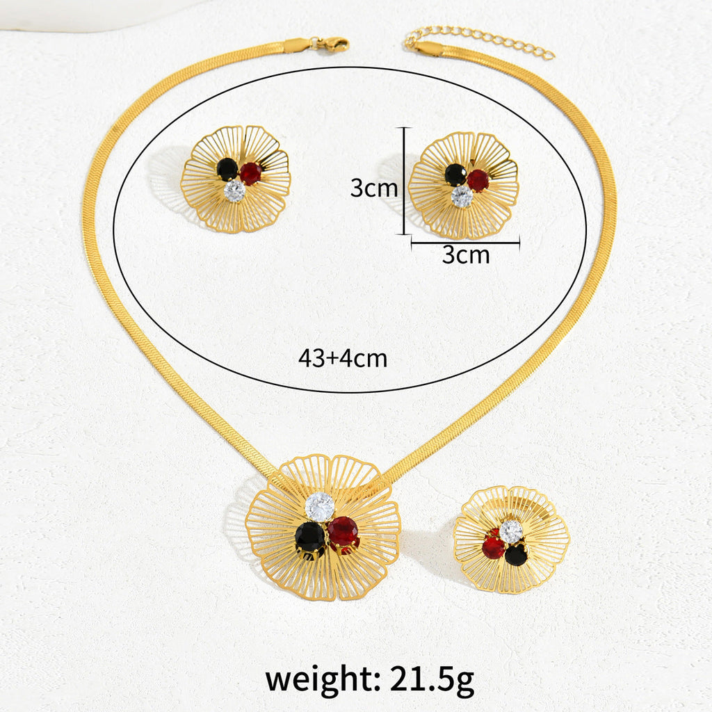 Light Luxury European American Jewelry Set, Floral Niche Design Inlaid Cubic Zirconia, Includes Earrings, Long Pendant Necklace And Matching Ring For Women
