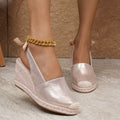 European And American Plus-Size Jute Wedge Womens High-Heel Closed-Toe Bowknot Sandals