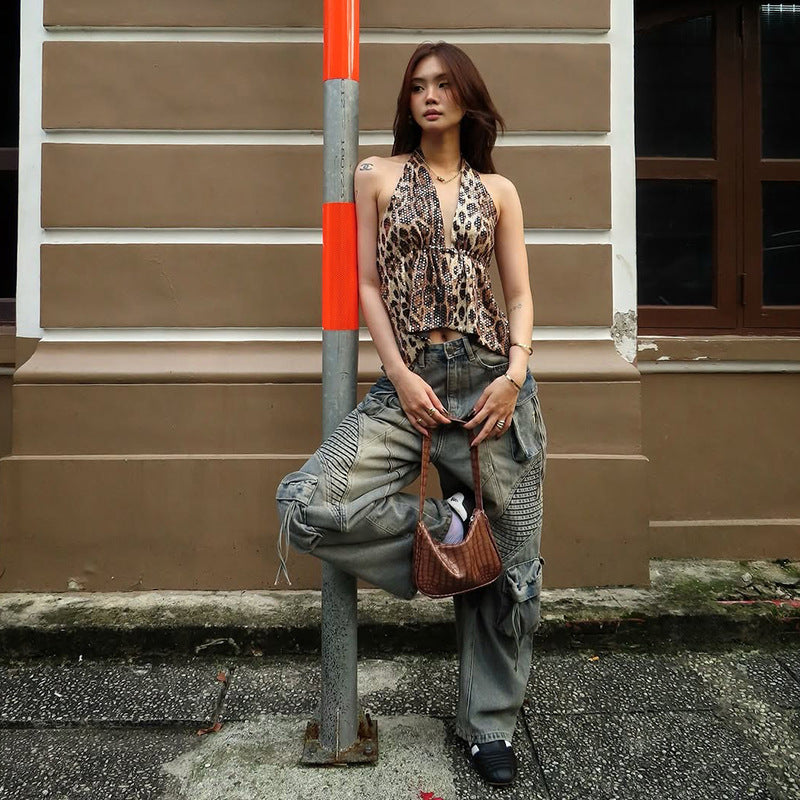 Elegant Halter-neck Backless Sequin Leopard-print V-neck Tank Top