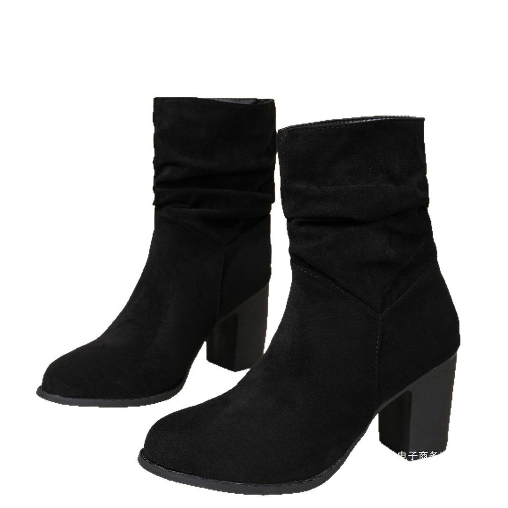 Womens Fashionable Plus-size Suede Chunky-heel Boots