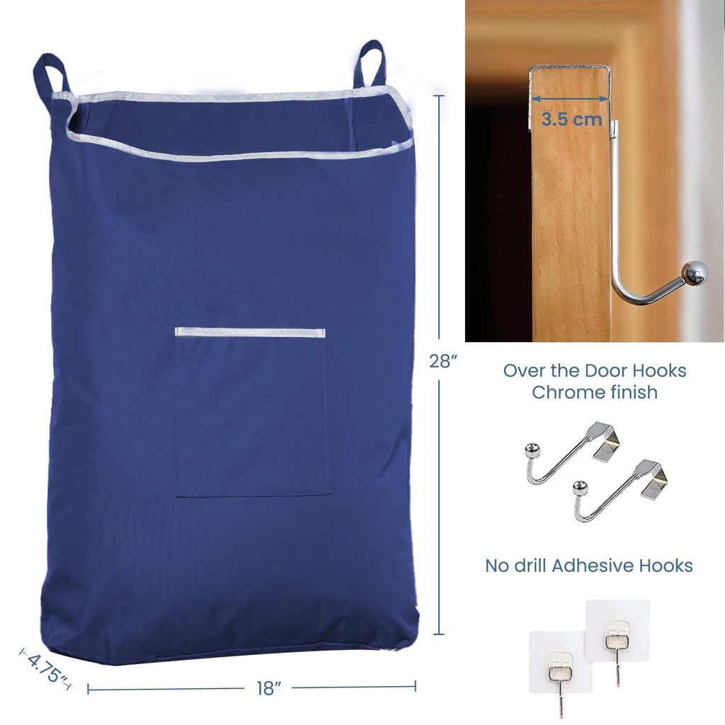 Fine Living Large Hanging Laundry Hamper with Over Door Hooks & Adhesive Durable Space Saving Laundry Bag with Zipper and Wide Open Top Hanging Dorm Laundry Hamper 18 x4.75 x28  (Navy Blue L)