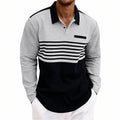 Men's Waffle-Weave Loose-Fit Casual Color-Block Striped Long-Sleeve