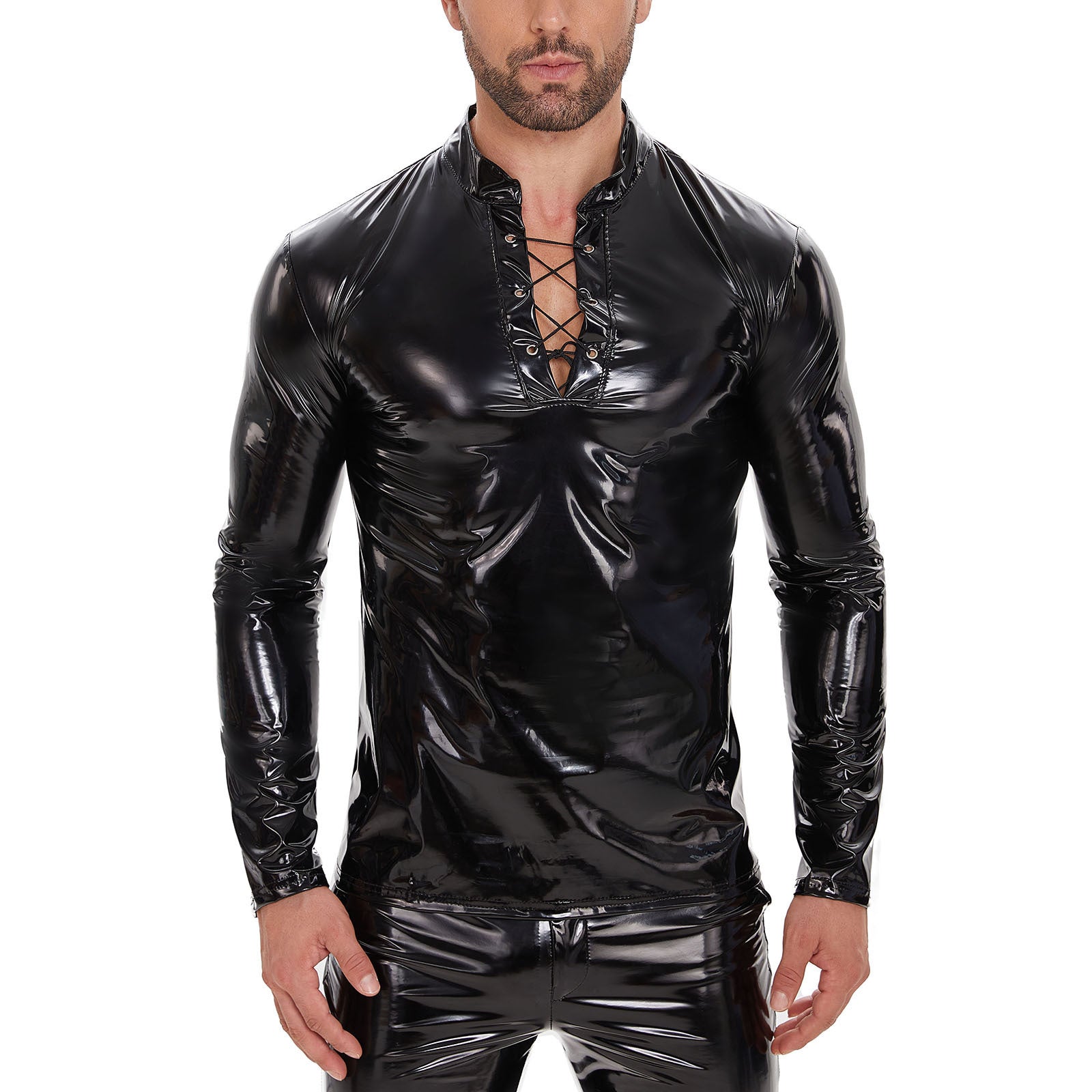 Men's Shiny Leather Long-sleeve Casual Top