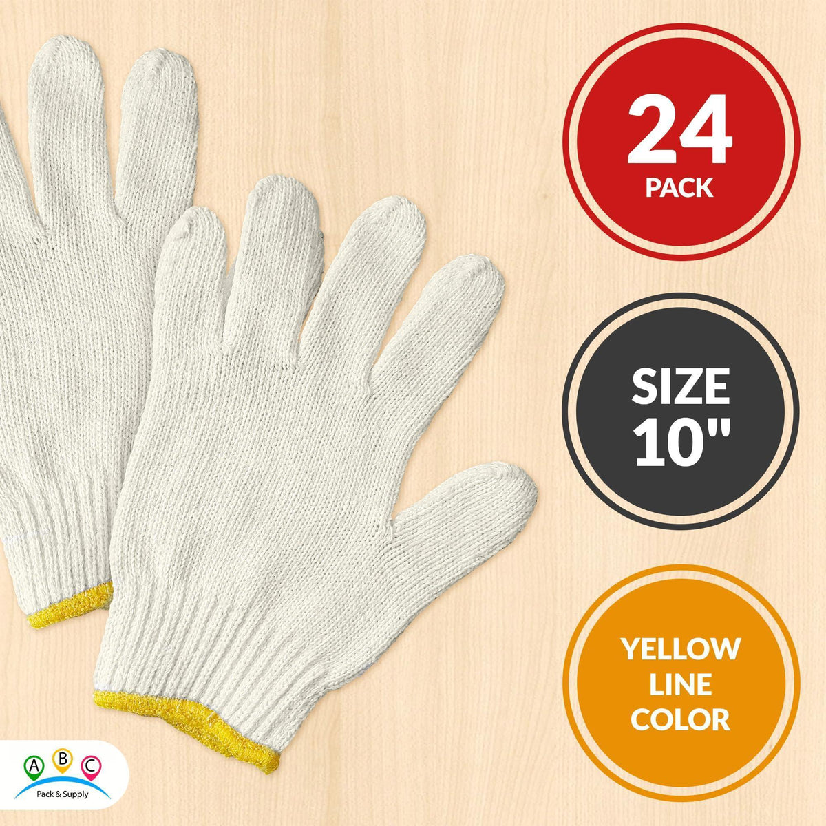 12 pairs String Knit Work Gloves 10 Inch Cotton and Polyester String Knit Gloves. Reusable Roping Gloves for Men and Women with Yellow Line.