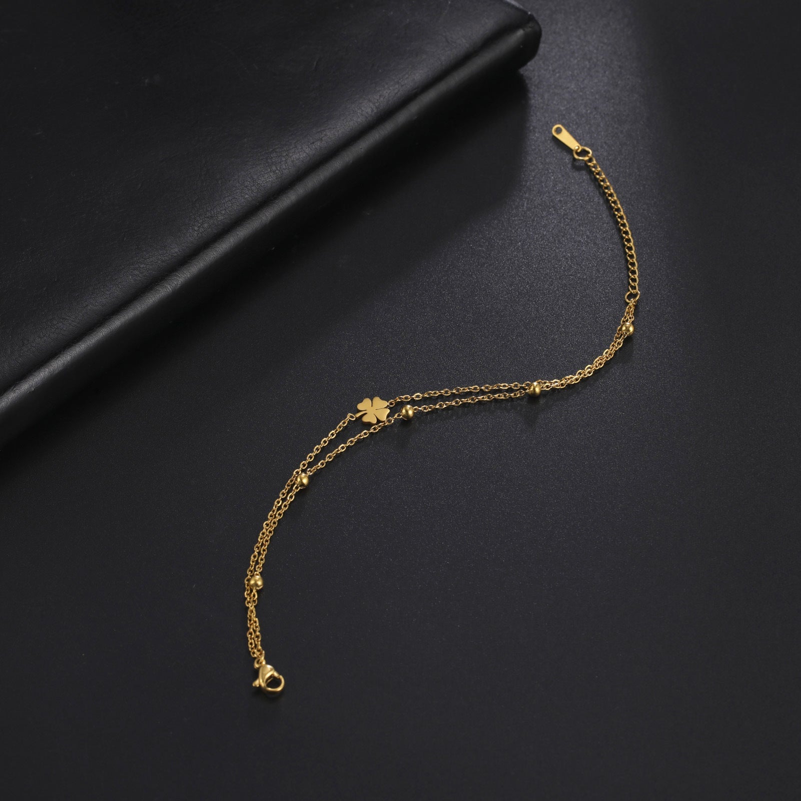 Stainless Steel Cut Clover Charm Double-layer Ankle Bracelet For Women