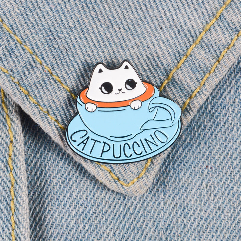Blue Teacup White Cat Coffee Brooch