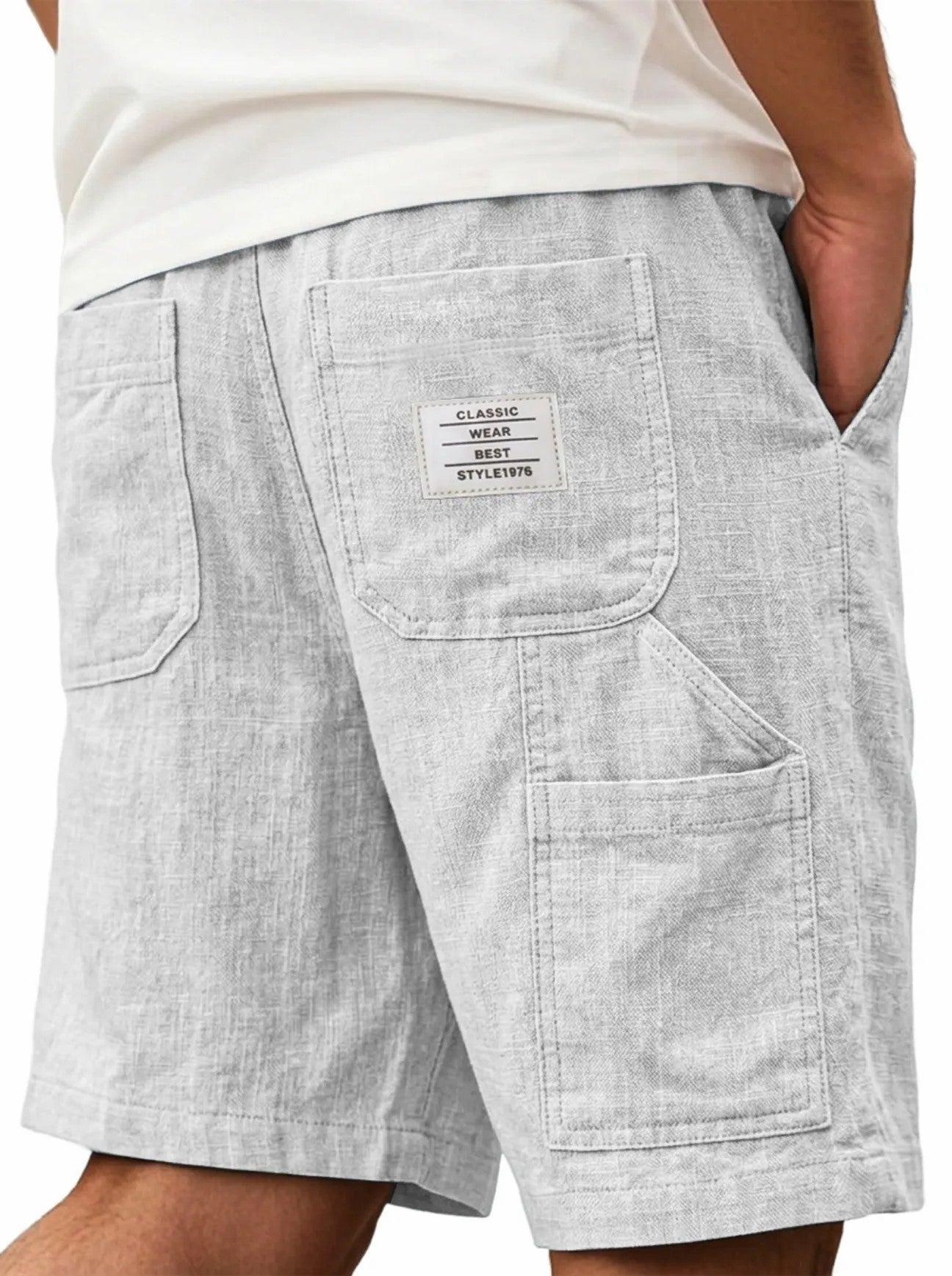 Mens Solid-Color Bamboo-Texture Linen Multi-Pocket Shorts