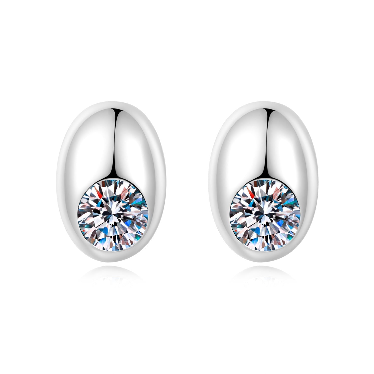 S925 Sterling Silver Oval Stud Earrings With A Single Moissanite Diamond
