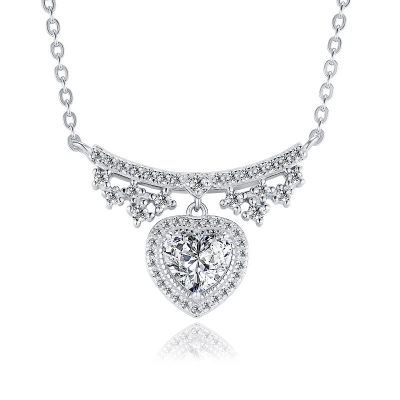 S925 Sterling Silver Heart Moissanite Necklace, 1ct D-VVS1 Pendant With Pave Bar, Platinum Plated 40&45cm Chain, 4.2g GRA Certificate Gift Box