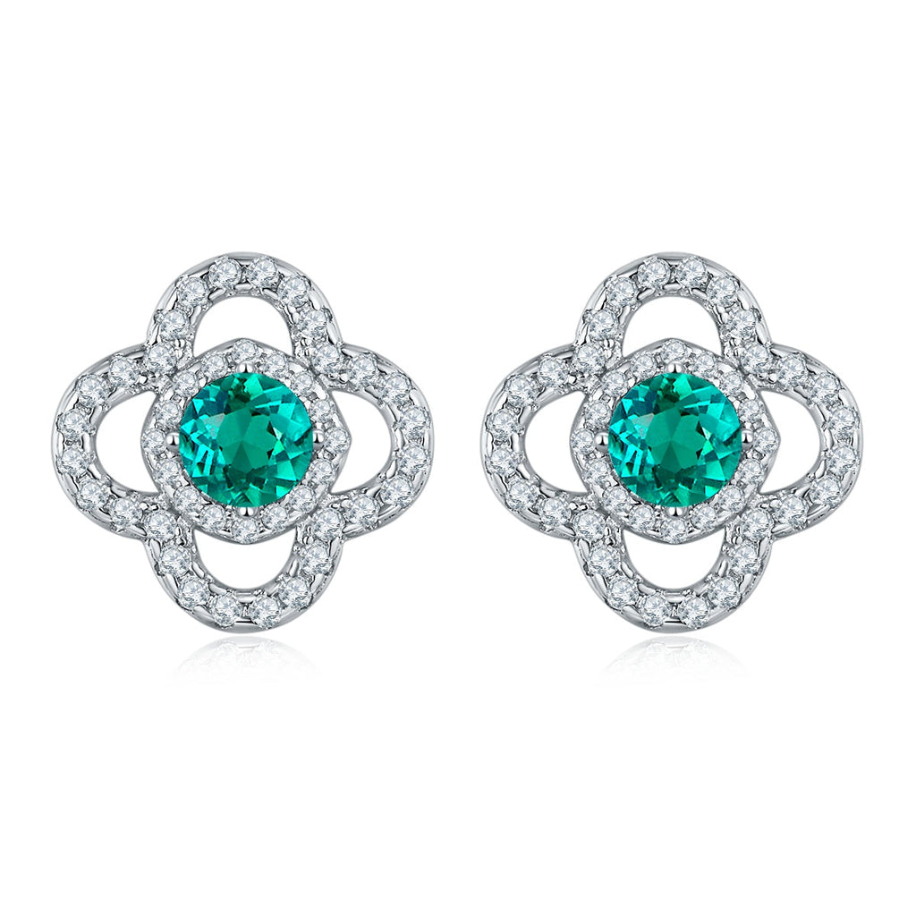S925 Sterling Silver Clover Stud Earrings, 3.5mm Lab-Grown Emerald, Platinum Plated 2g Lightweight Women's Jewelry Gift Box