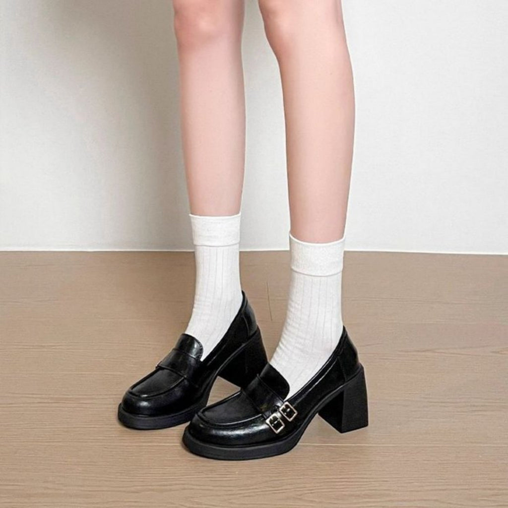 New Autumn British Style Platform Loafers For Women, Round Toe Flats With Metal Buckle Strap & Soft Sole